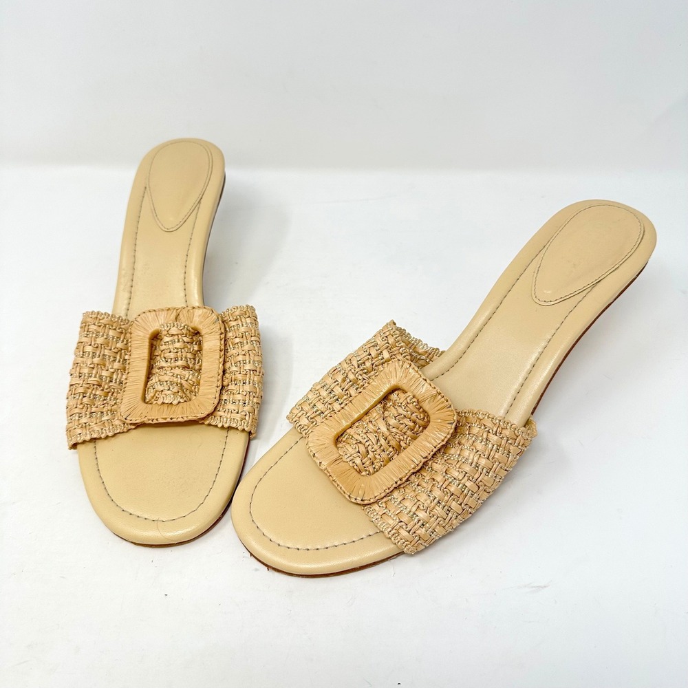 Schutz Cinna Raffia Kitten Heel Mule Sandals Natural‎ Tan 10.5